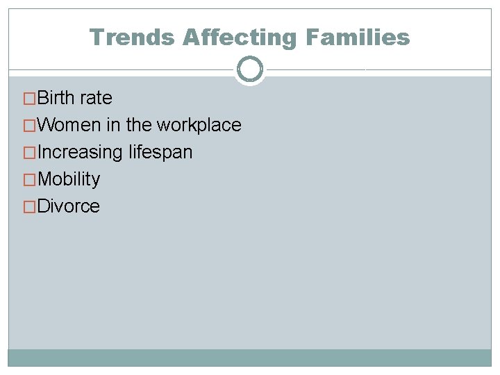 Trends Affecting Families �Birth rate �Women in the workplace �Increasing lifespan �Mobility �Divorce 