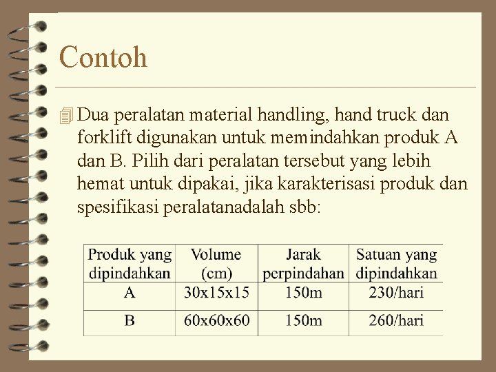 Contoh 4 Dua peralatan material handling, hand truck dan forklift digunakan untuk memindahkan produk Contoh 4 Dua peralatan material handling, hand truck dan forklift digunakan untuk memindahkan produk