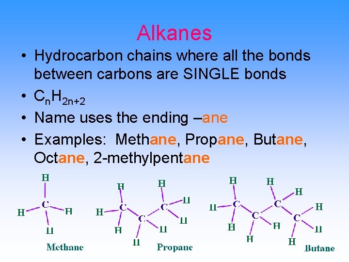 Alkanes • Hydrocarbon chains where all the bonds between carbons are SINGLE bonds •
