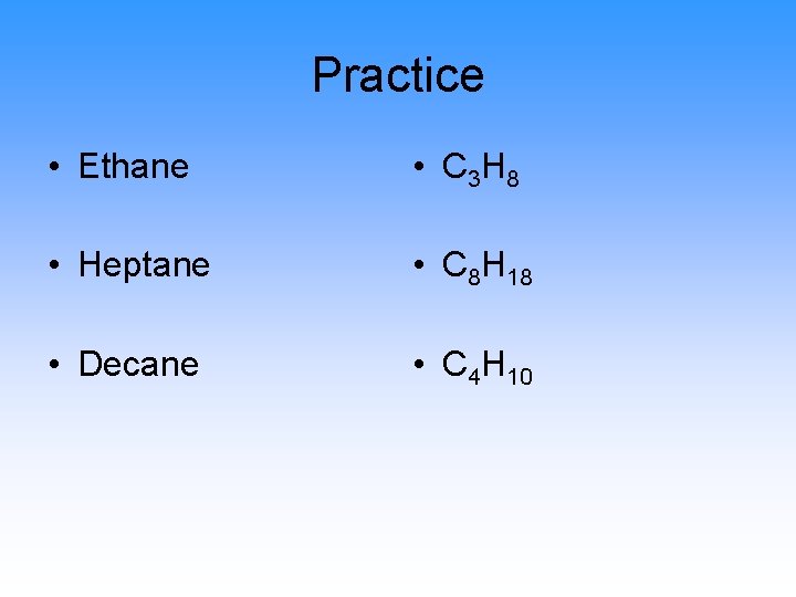 Practice • Ethane • C 3 H 8 • Heptane • C 8 H