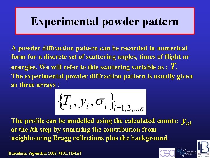 Experimental powder pattern A powder diffraction pattern can be recorded in numerical form for