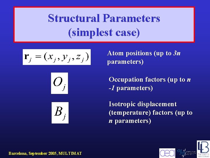 Structural Parameters (simplest case) Atom positions (up to 3 n parameters) Occupation factors (up