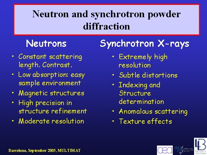 Neutron and synchrotron powder diffraction Neutrons • Constant scattering length. Contrast. • Low absorption: