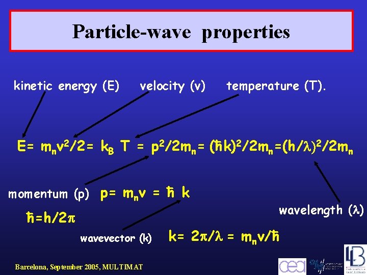 Particle-wave properties kinetic energy (E) velocity (v) temperature (T). E= mnv 2/2= k. B