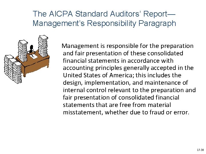 The AICPA Standard Auditors’ Report— Management’s Responsibility Paragraph Management is responsible for the preparation