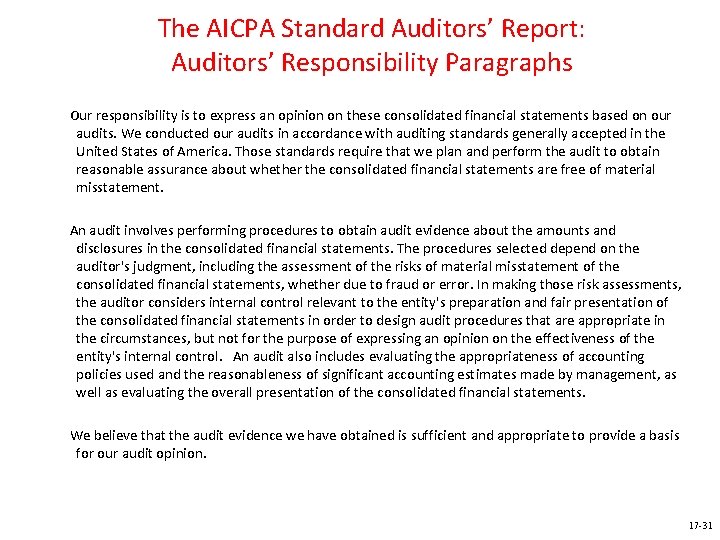 The AICPA Standard Auditors’ Report: Auditors’ Responsibility Paragraphs Our responsibility is to express an