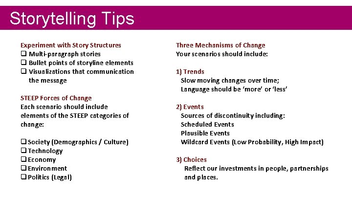 Storytelling Tips Experiment with Story Structures q Multi-paragraph stories q Bullet points of storyline