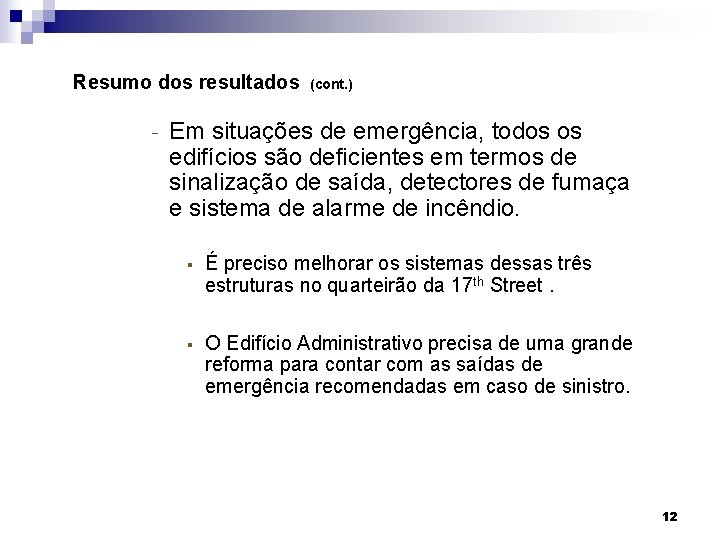 Resumo dos resultados − (cont. ) Em situações de emergência, todos os edifícios são