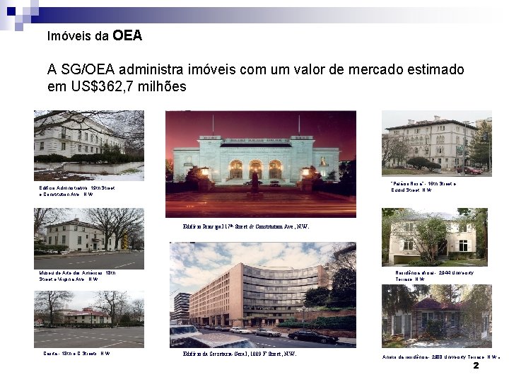 Imóveis da OEA A SG/OEA administra imóveis com um valor de mercado estimado em