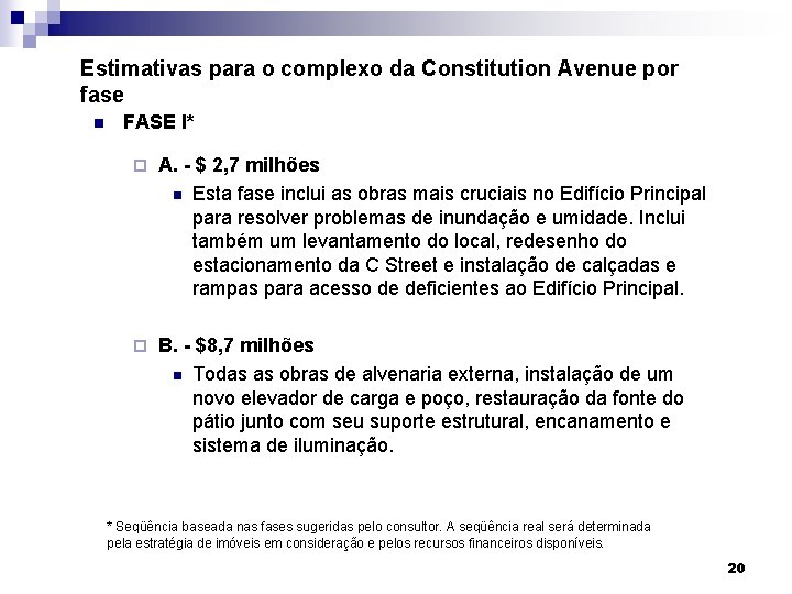 Estimativas para o complexo da Constitution Avenue por fase n FASE I* ¨ A.