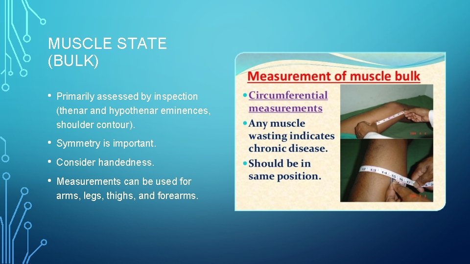 MUSCLE STATE (BULK) • Primarily assessed by inspection (thenar and hypothenar eminences, shoulder contour).