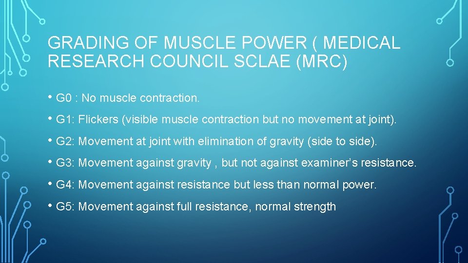 GRADING OF MUSCLE POWER ( MEDICAL RESEARCH COUNCIL SCLAE (MRC) • G 0 :