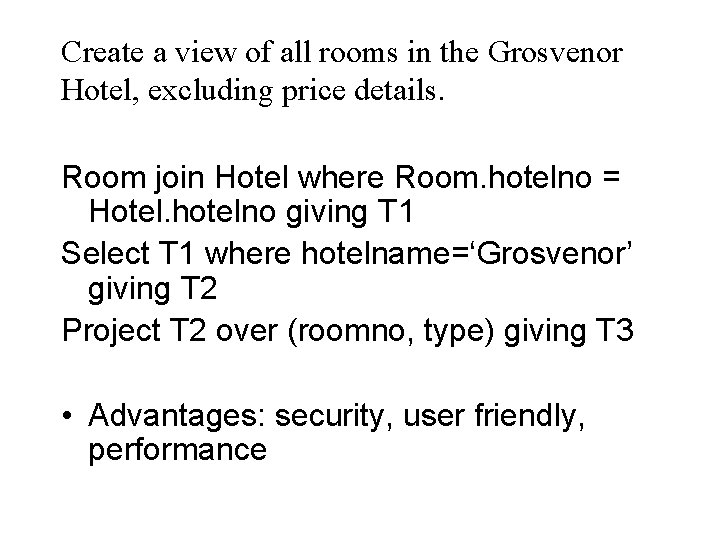 Create a view of all rooms in the Grosvenor Hotel, excluding price details. Room