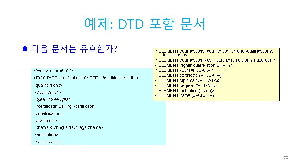 예제: DTD 포함 문서 l 다음 문서는 유효한가? <? xml version='1. 0'? > <!DOCTYPE