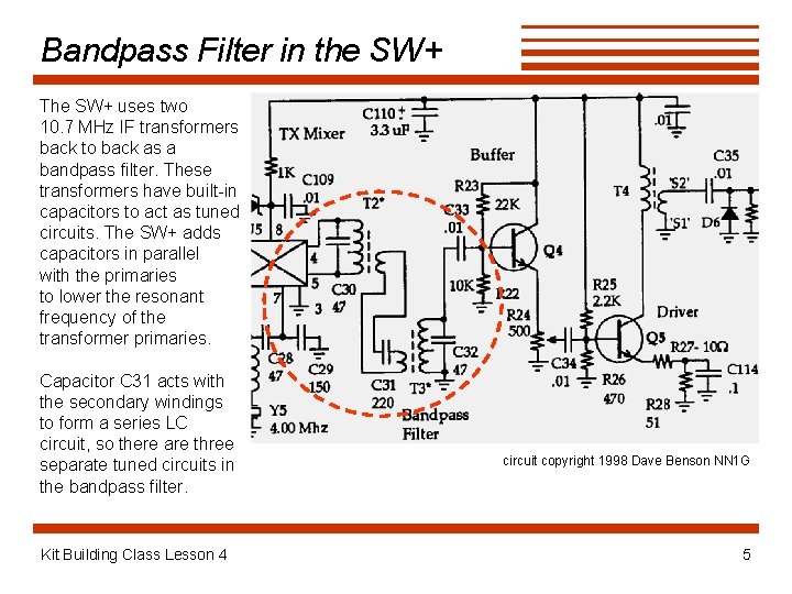 Bandpass Filter in the SW+ The SW+ uses two 10. 7 MHz IF transformers