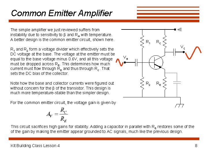 Common Emitter Amplifier +E The simple amplifier we just reviewed suffers from instability due