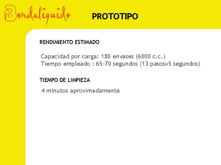 PROTOTIPO RENDIMIENTO ESTIMADO Capacidad por carga: 180 envases (6000 c. c. ) Tiempo empleado