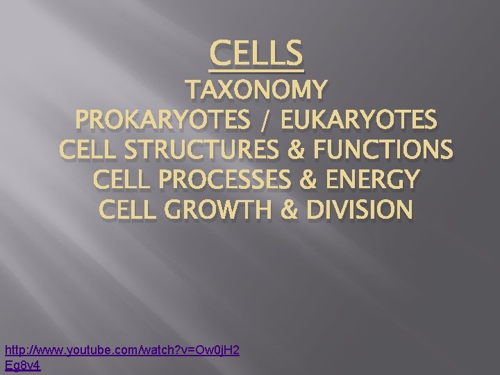 CELLS TAXONOMY PROKARYOTES / EUKARYOTES CELL STRUCTURES & FUNCTIONS CELL PROCESSES & ENERGY CELL