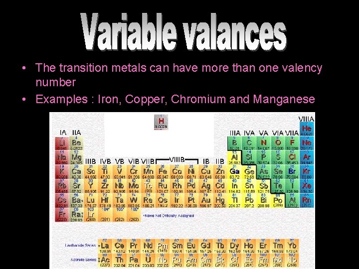  • The transition metals can have more than one valency number • Examples