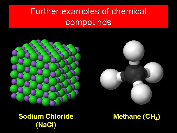 Further examples of chemical compounds Sodium Chloride (Na. Cl) Methane (CH 4) 