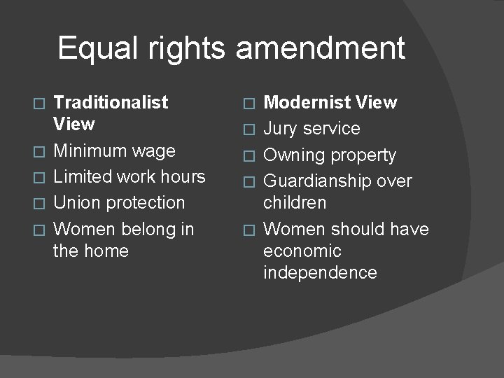 Equal rights amendment � � � Traditionalist View Minimum wage Limited work hours Union