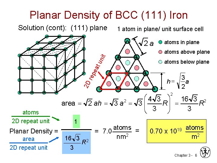 Planar Density of BCC (111) Iron Solution (cont): (111) plane 1 atom in plane/
