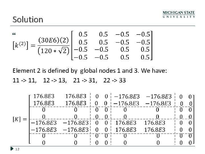 Solution Element 2 is defined by global nodes 1 and 3. We have: 11 Solution Element 2 is defined by global nodes 1 and 3. We have: 11