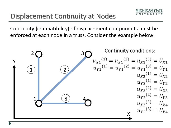 Displacement Continuity at Nodes Continuity (compatibility) of displacement components must be enforced at each Displacement Continuity at Nodes Continuity (compatibility) of displacement components must be enforced at each