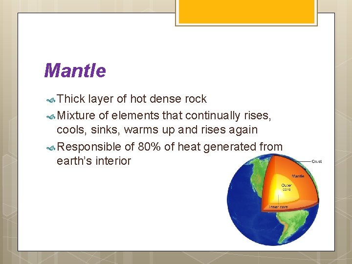 Mantle Thick layer of hot dense rock Mixture of elements that continually rises, cools,