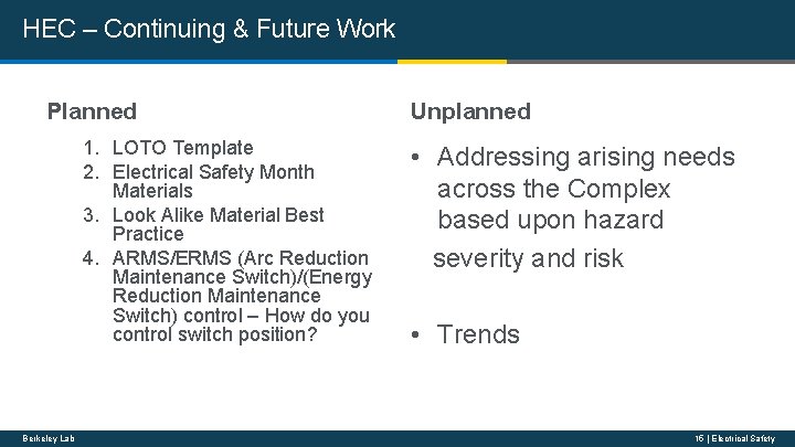 HEC – Continuing & Future Work Planned 1. LOTO Template 2. Electrical Safety Month