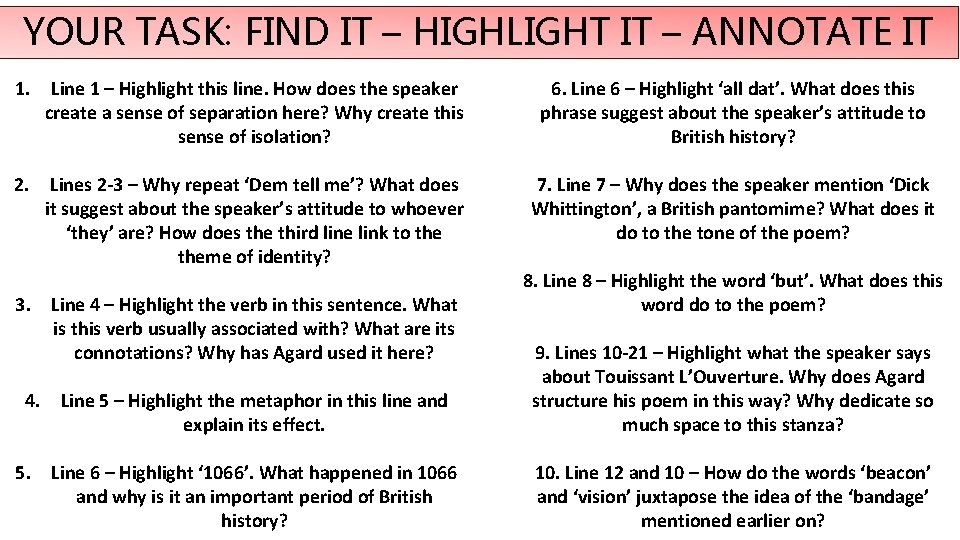 YOUR TASK: FIND IT – HIGHLIGHT IT – ANNOTATE IT 1. Line 1 –