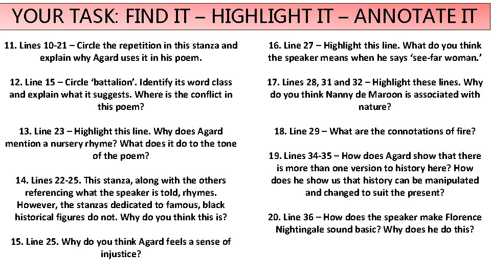 YOUR TASK: FIND IT – HIGHLIGHT IT – ANNOTATE IT 11. Lines 10 -21