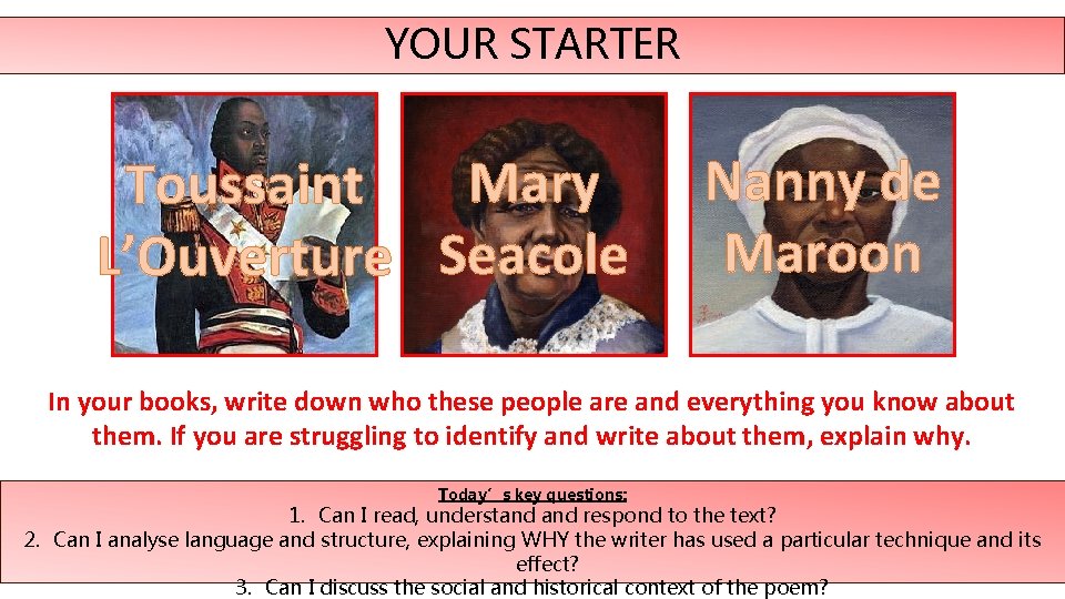 YOUR STARTER Mary Toussaint L’Ouverture Seacole Nanny de Maroon In your books, write down