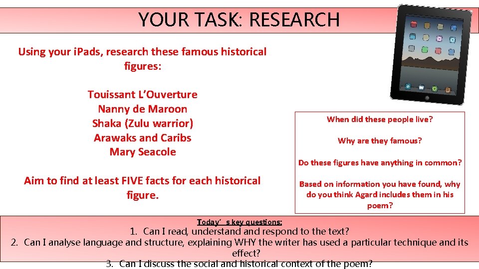 YOUR TASK: RESEARCH Using your i. Pads, research these famous historical figures: Touissant L’Ouverture