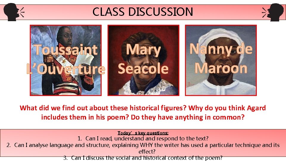 CLASS DISCUSSION Mary Toussaint L’Ouverture Seacole Nanny de Maroon What did we find out