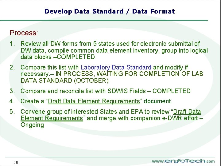 Develop Data Standard / Data Format Process: 1. Review all DW forms from 5