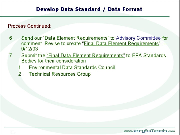 Develop Data Standard / Data Format Process Continued: 6. Send our “Data Element Requirements”