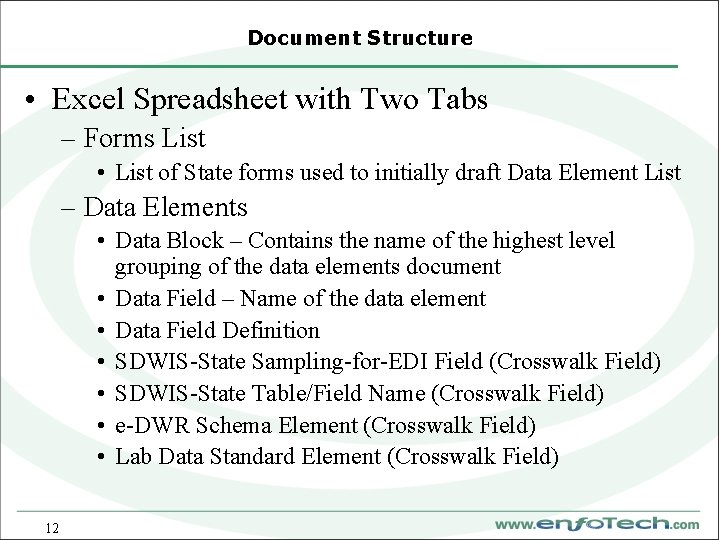 Document Structure • Excel Spreadsheet with Two Tabs – Forms List • List of