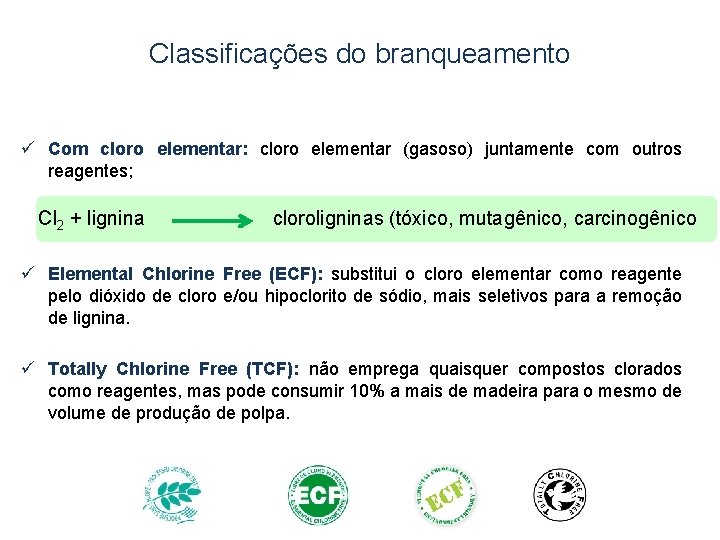 Classificações do branqueamento ü Com cloro elementar: cloro elementar (gasoso) juntamente com outros reagentes;