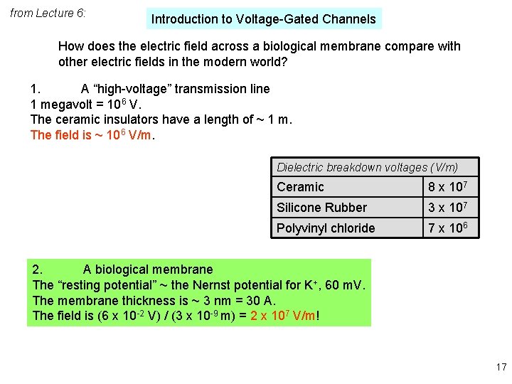 from Lecture 6: Introduction to Voltage-Gated Channels How does the electric field across a