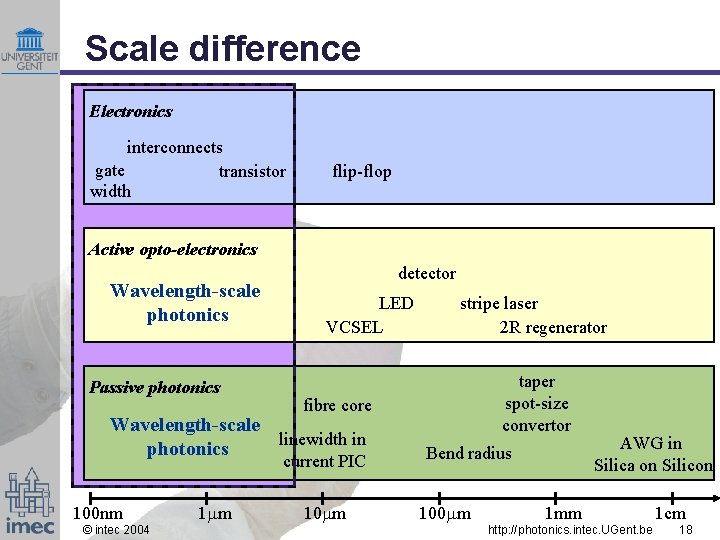 Scale difference Electronics interconnects gate transistor width flip-flop Active opto-electronics Wavelength-scale photonics Passive photonics