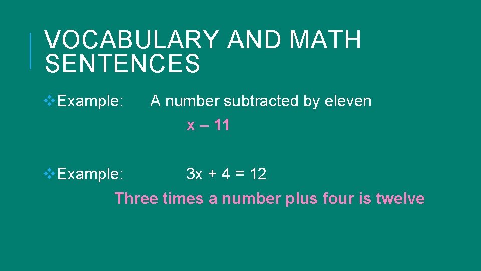 VOCABULARY AND MATH SENTENCES v. Example: A number subtracted by eleven x – 11 VOCABULARY AND MATH SENTENCES v. Example: A number subtracted by eleven x – 11