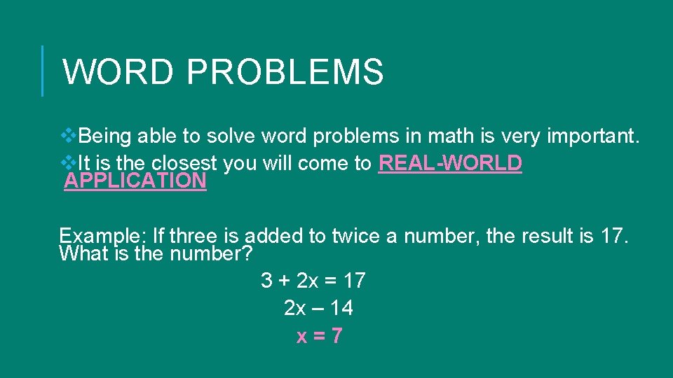 WORD PROBLEMS v. Being able to solve word problems in math is very important. WORD PROBLEMS v. Being able to solve word problems in math is very important.