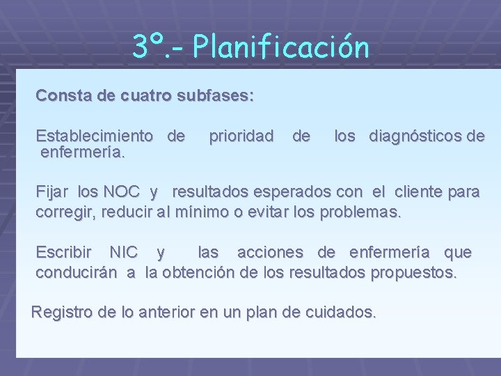 3º. - Planificación Consta de cuatro subfases: Establecimiento de enfermería. prioridad de los diagnósticos