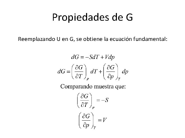 Propiedades de G Reemplazando U en G, se obtiene la ecuación fundamental: 