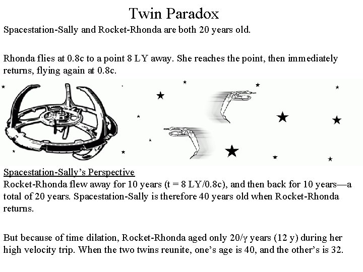 Twin Paradox Spacestation-Sally and Rocket-Rhonda are both 20 years old. Rhonda flies at 0.