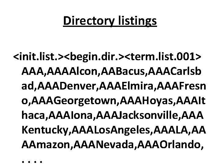 Directory listings <init. list. ><begin. dir. ><term. list. 001> AAA, AAAAlcon, AABacus, AAACarlsb ad,