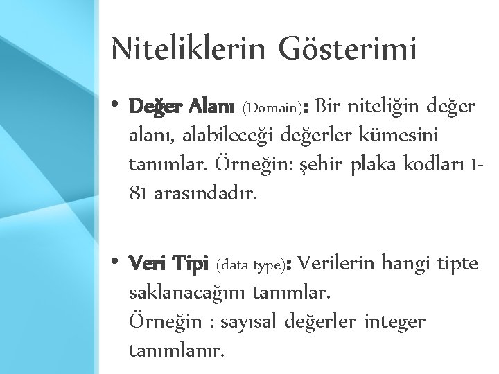 Niteliklerin Gösterimi • Değer Alanı (Domain): Bir niteliğin değer alanı, alabileceği değerler kümesini tanımlar. Niteliklerin Gösterimi • Değer Alanı (Domain): Bir niteliğin değer alanı, alabileceği değerler kümesini tanımlar.