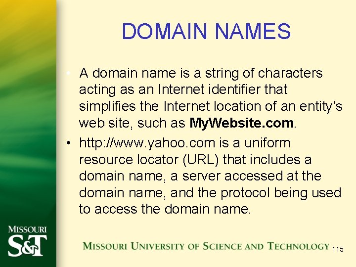 DOMAIN NAMES • A domain name is a string of characters acting as an