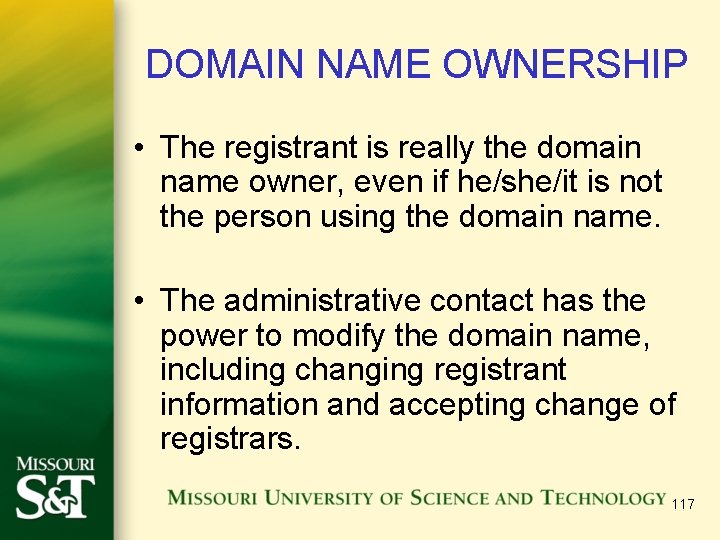 DOMAIN NAME OWNERSHIP • The registrant is really the domain name owner, even if